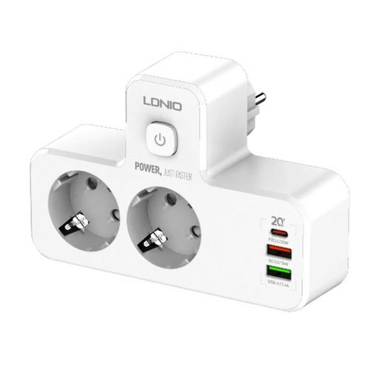 SC2337 Cargador Pared c/2 Enchufes Dual QC3.0+USB PD Blanco LDNIO